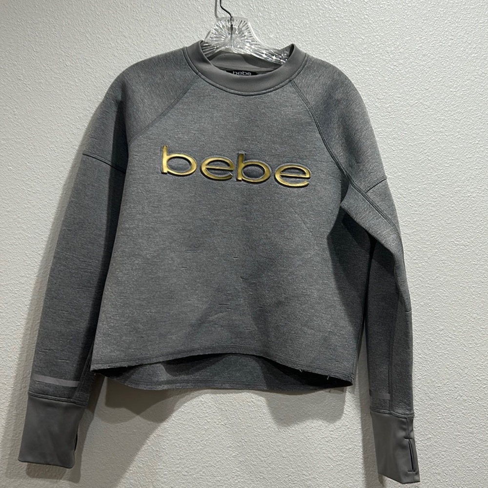 Bebe Sport Gray Gold Scuba Crop Crew Sweatshirt Thumbholes SZ Medium